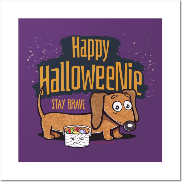 Funny scary Spooky Halloween Cute Doxie Dachshund Dog being Brave Halloweenie Doxy with Treats on a Spooky evening tee Wall Art by Danny Gordon Art